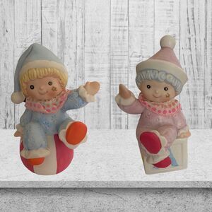 2 Vintage Homco Baby Clowns Porcelain Figurines Boy and Girl #1451